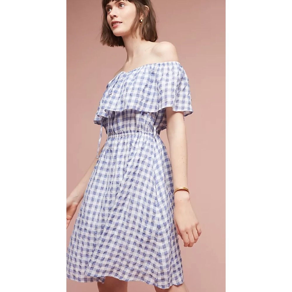 Tylho Anthropologie Blue Gingham Kinsey Off Shoulder Dress Women Med Excellent